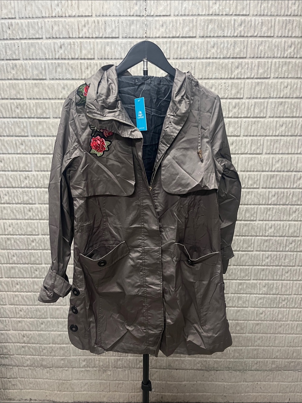 Cupshe Gray Hooded Trench Coat with Rose Embroidery